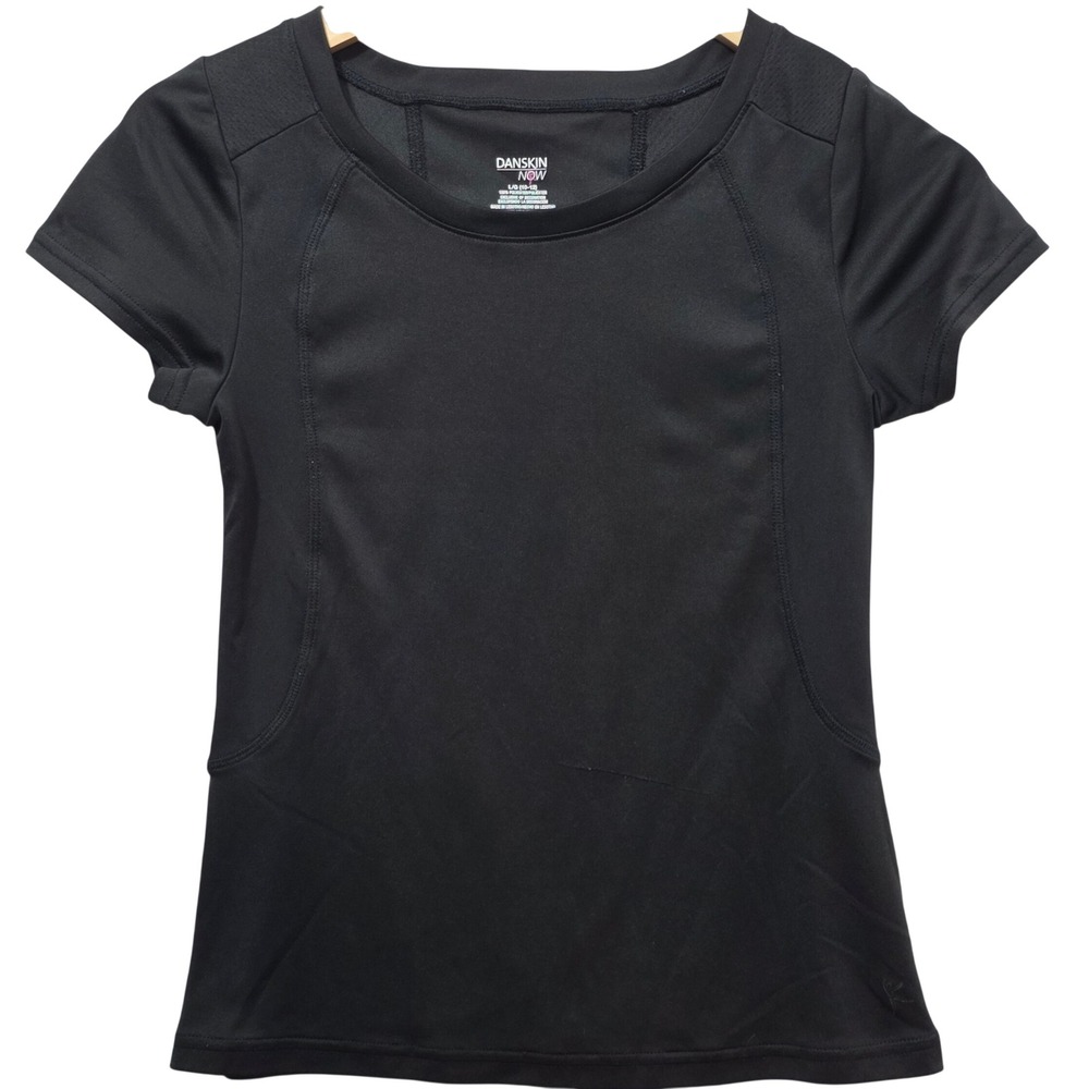 Danskin Now Girls Active Tee Black Soot Dri-More Mesh Panel Size L 10-12